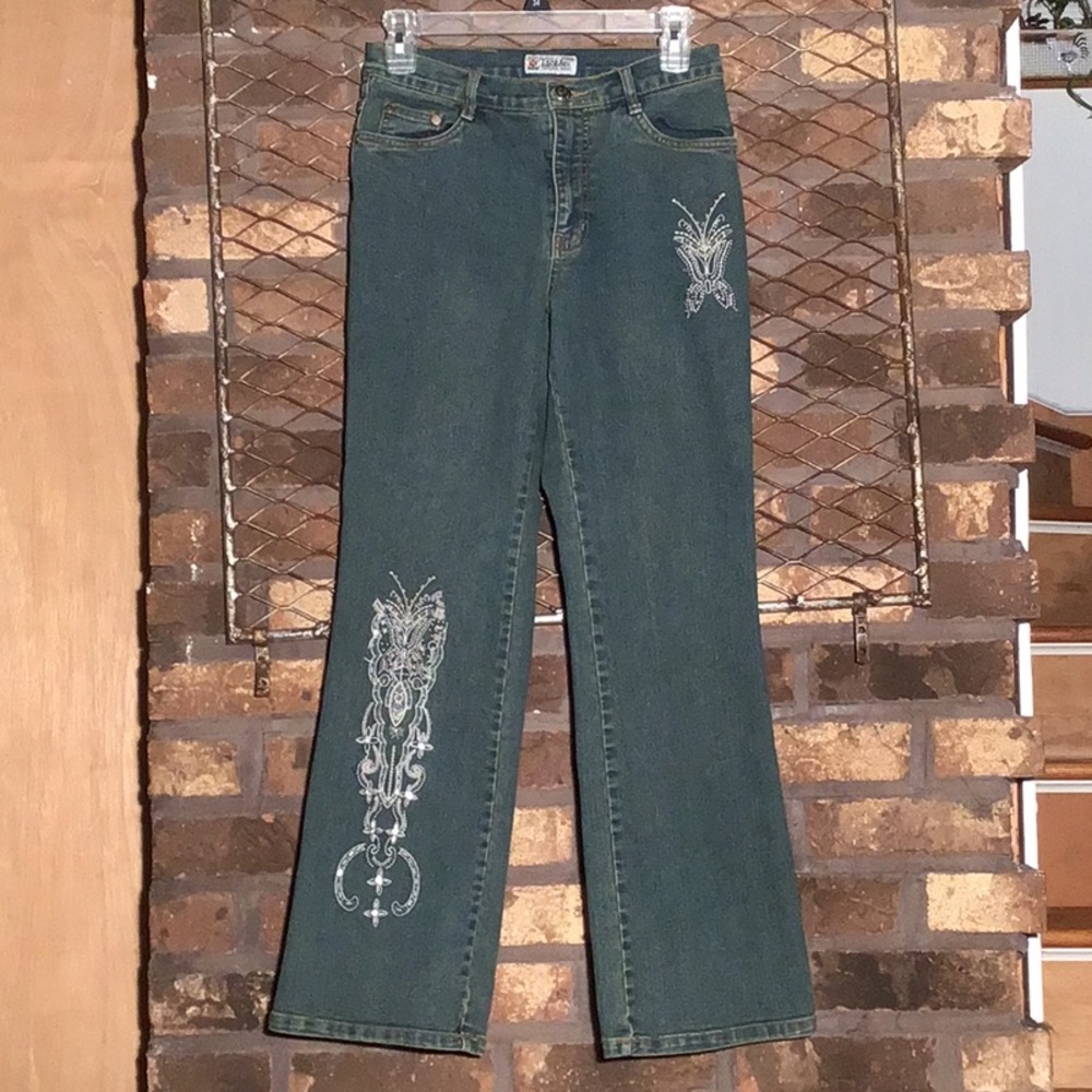 TaoMei flare bottom jeans threaded beaded embellishments M